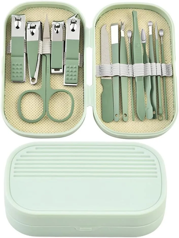14 Piece Manicure & Pedicure Set Pink and Blue Stainless Steel Nail Scissors, Clippers, Ear Digging Spoon for Men & Women,SET110,Green
