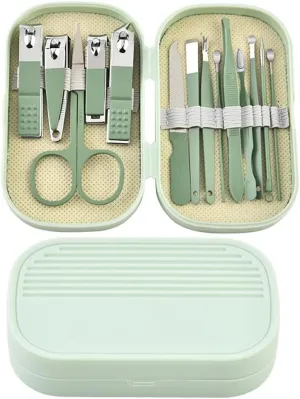 14 Piece Manicure & Pedicure Set Pink and Blue Stainless Steel Nail Scissors, Clippers, Ear Digging Spoon for Men & Women,SET110,Green
