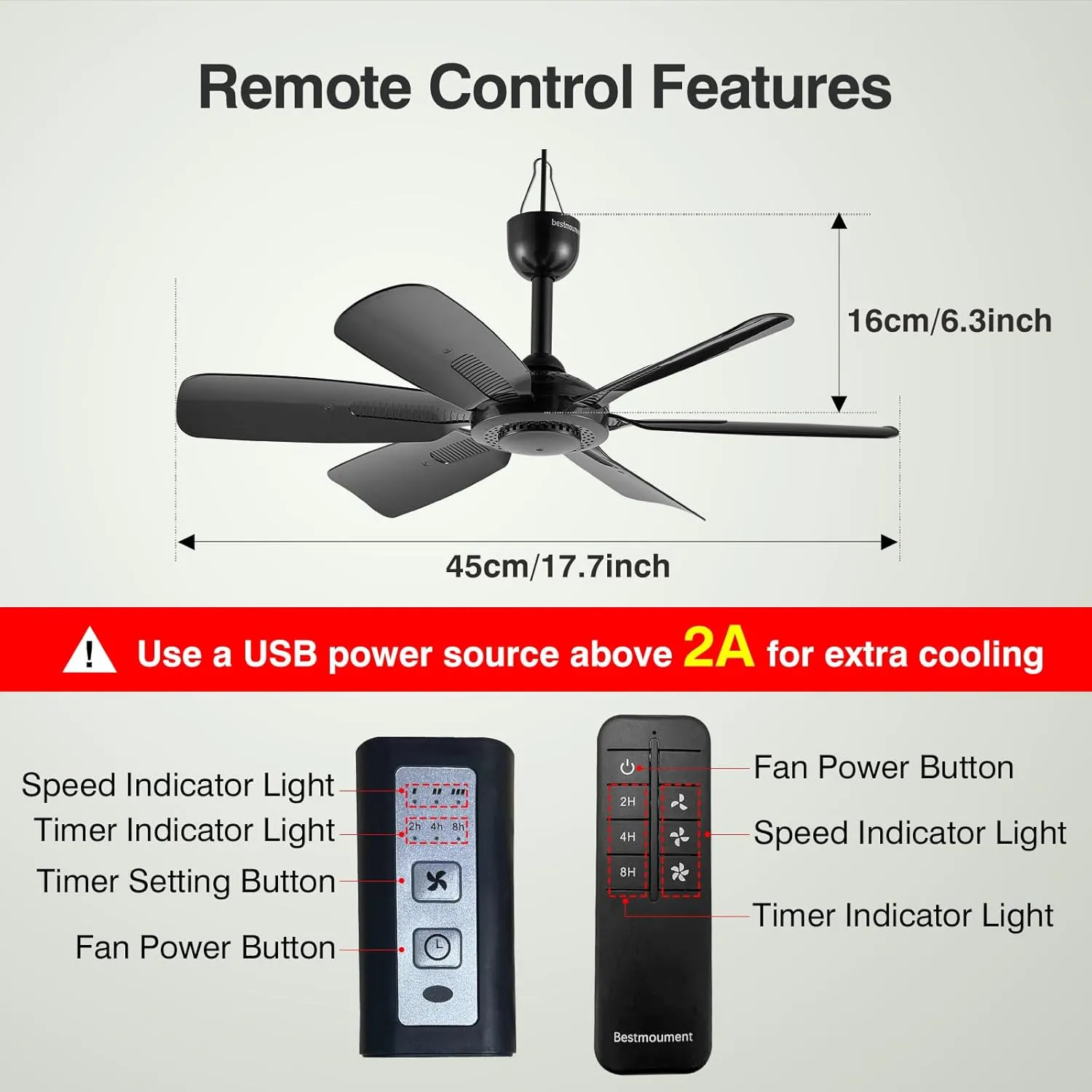 17.7" Inch Portable Ceiling Fan with Remote Control Timing 3 Speed,USB Plug In,5V DC Powered,6 Blades,Indoor/Outdoor RV Camping Tent Canopy,Gazebo,Beach,Hanging,Quiet,black