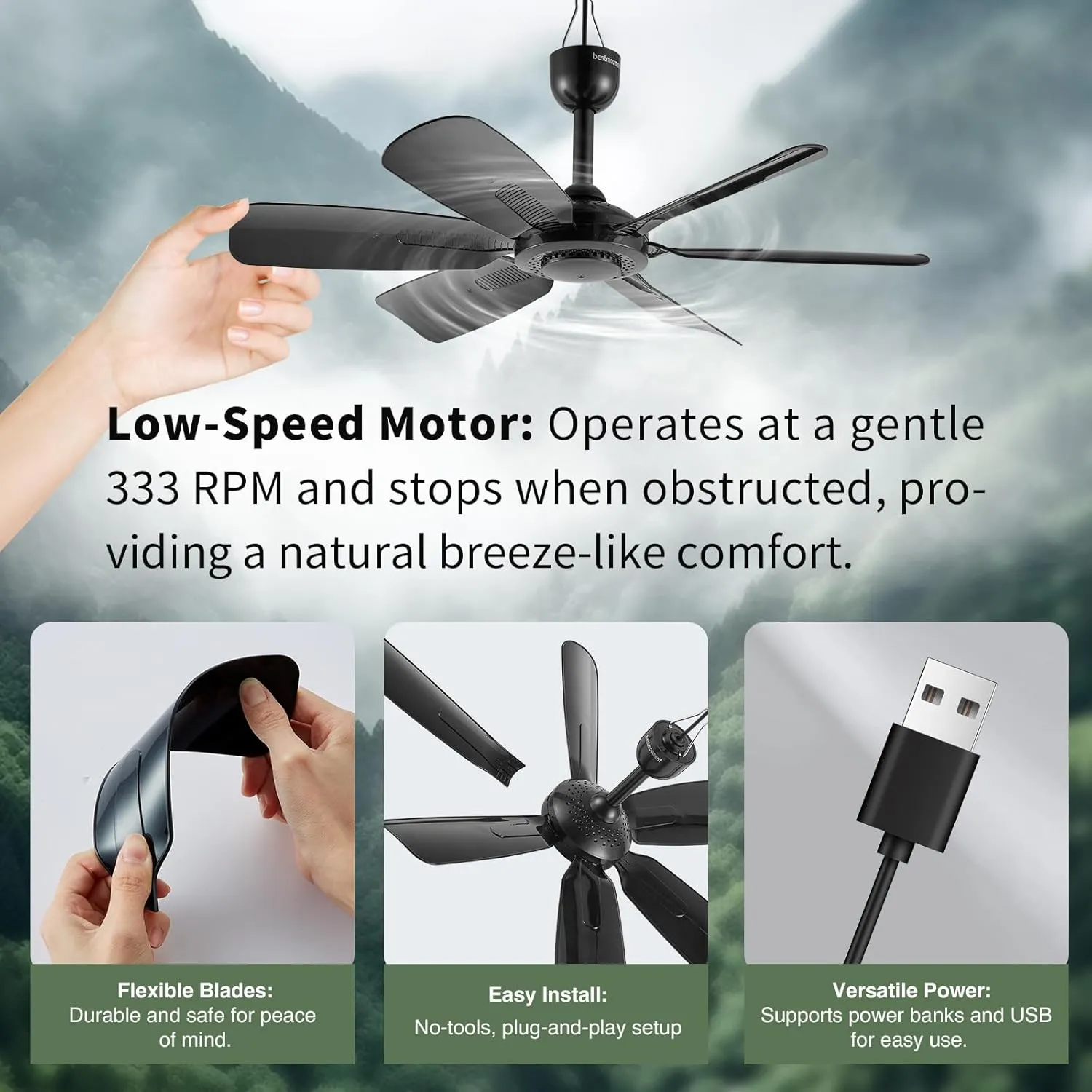 17.7" Inch Portable Ceiling Fan with Remote Control Timing 3 Speed,USB Plug In,5V DC Powered,6 Blades,Indoor/Outdoor RV Camping Tent Canopy,Gazebo,Beach,Hanging,Quiet,black