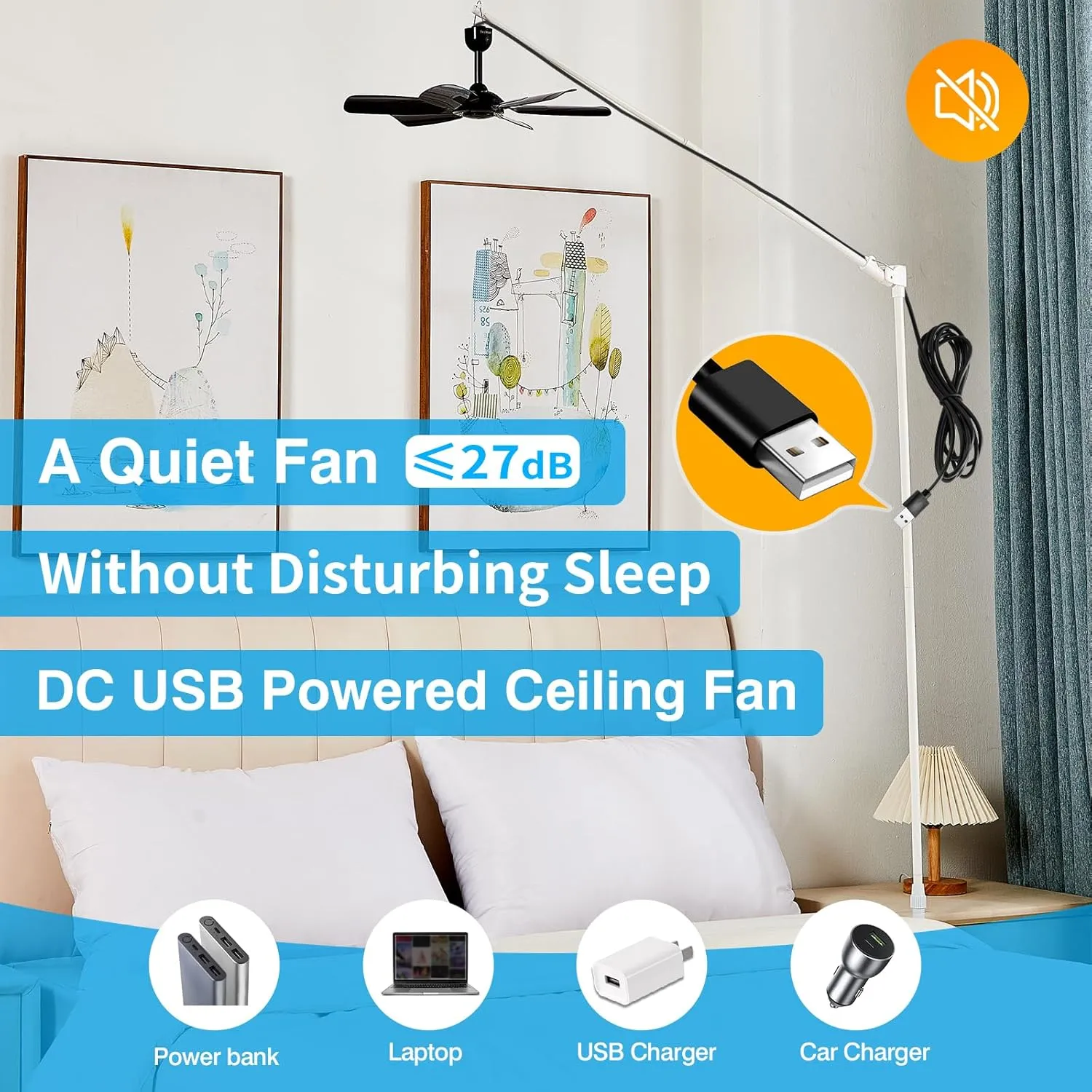 17.7" Inch Portable Ceiling Fan with Remote Control Timing 3 Speed,USB Plug In,5V DC Powered,6 Blades,Indoor/Outdoor RV Camping Tent Canopy,Gazebo,Beach,Hanging,Quiet,black