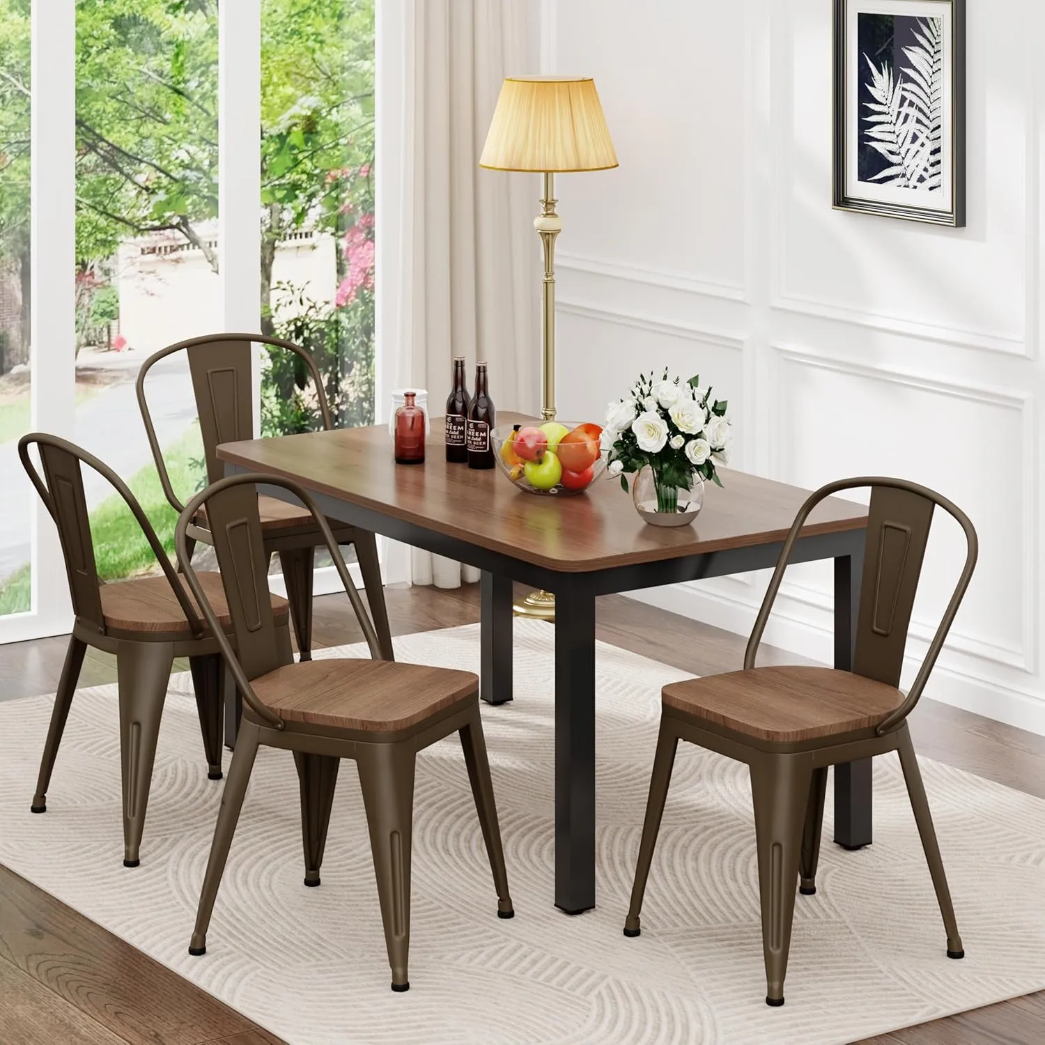 18 Inch Metal Dining Chairs,Arlunar Farmhouse Chairs Set of 4 Black Dining Room Chairs Stackable with Back and Wooden Seat bar stools