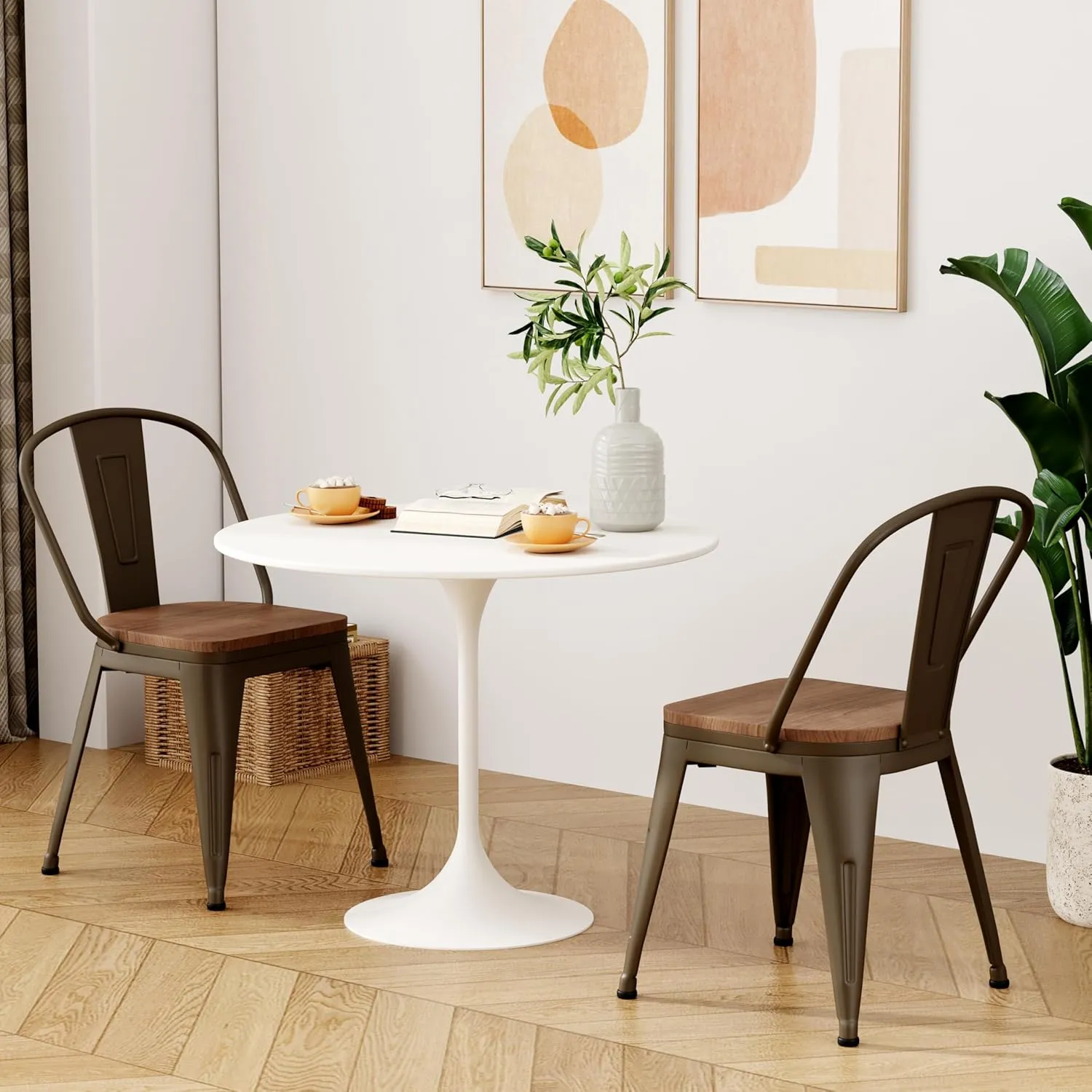 18 Inch Metal Dining Chairs,Arlunar Farmhouse Chairs Set of 4 Black Dining Room Chairs Stackable with Back and Wooden Seat bar stools