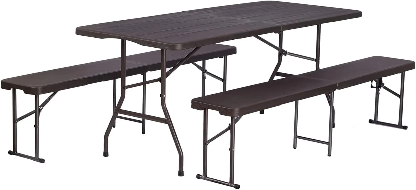 180CZ Folding Table 6 Foot Plastic Folding Table Indoor & Outdoor for Picnic, Camping,BBQ and Party, with Powder Coated Steel Legs and Built in Carry Handle, Brown