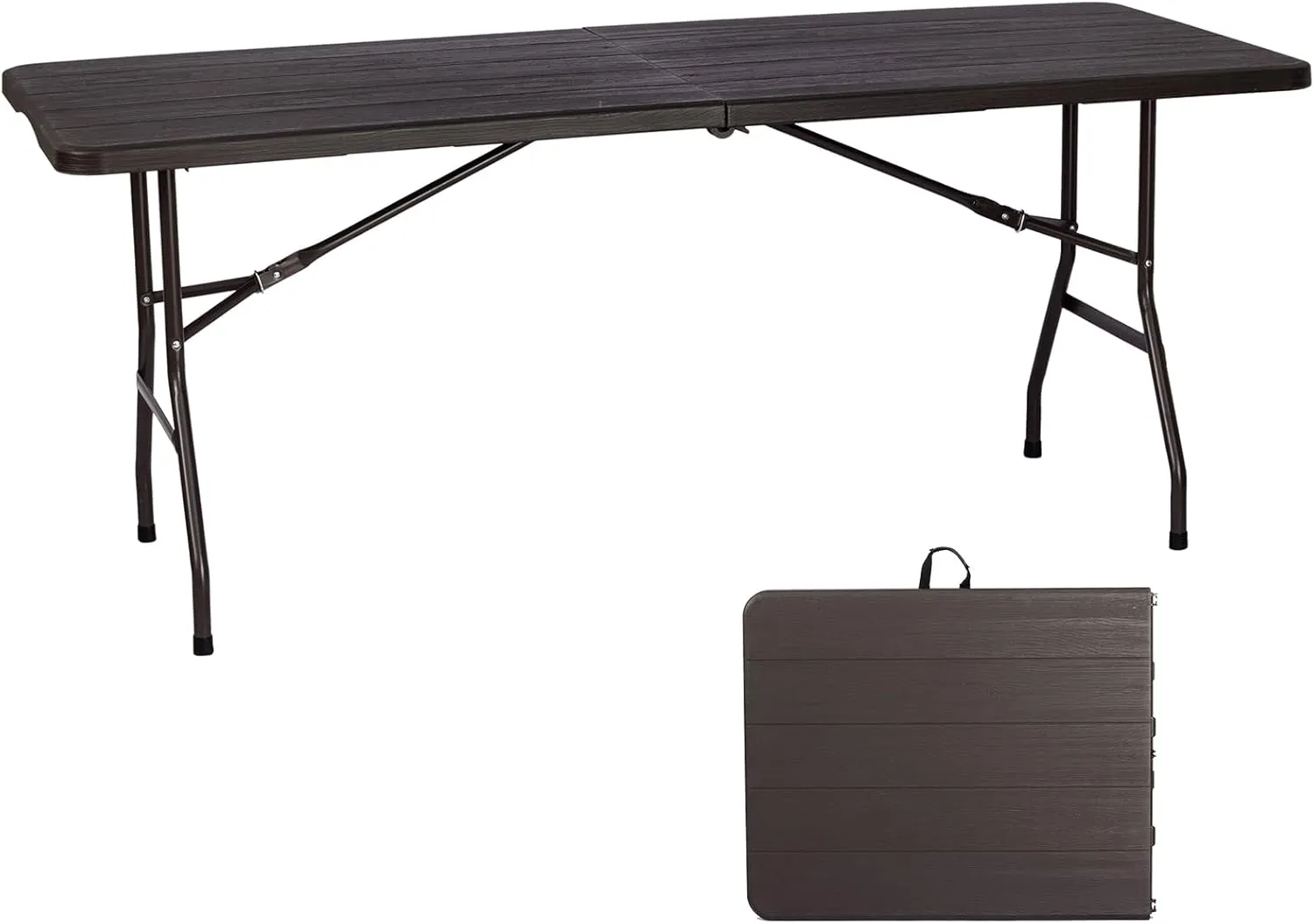 180CZ Folding Table 6 Foot Plastic Folding Table Indoor & Outdoor for Picnic, Camping,BBQ and Party, with Powder Coated Steel Legs and Built in Carry Handle, Brown