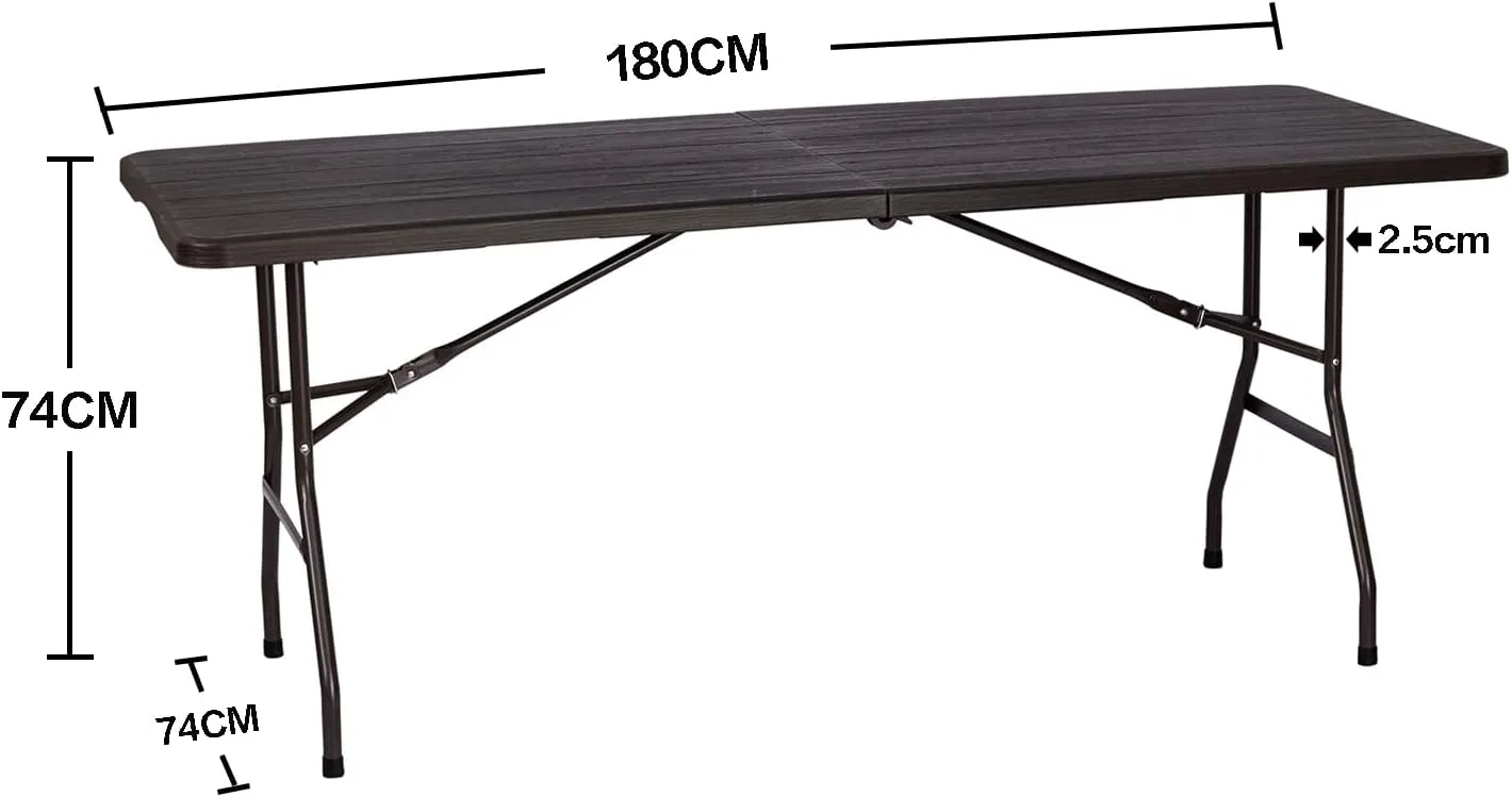 180CZ Folding Table 6 Foot Plastic Folding Table Indoor & Outdoor for Picnic, Camping,BBQ and Party, with Powder Coated Steel Legs and Built in Carry Handle, Brown