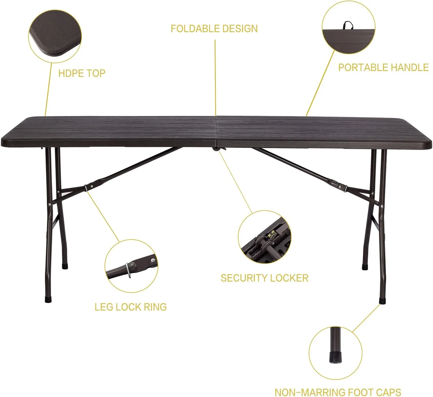 180CZ Folding Table 6 Foot Plastic Folding Table Indoor & Outdoor for Picnic, Camping,BBQ and Party, with Powder Coated Steel Legs and Built in Carry Handle, Brown