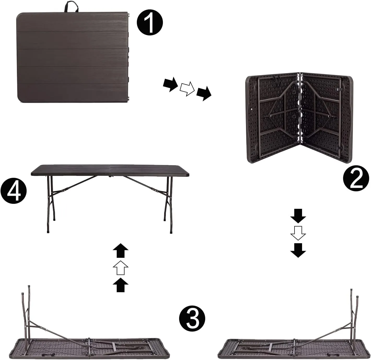 180CZ Folding Table 6 Foot Plastic Folding Table Indoor & Outdoor for Picnic, Camping,BBQ and Party, with Powder Coated Steel Legs and Built in Carry Handle, Brown