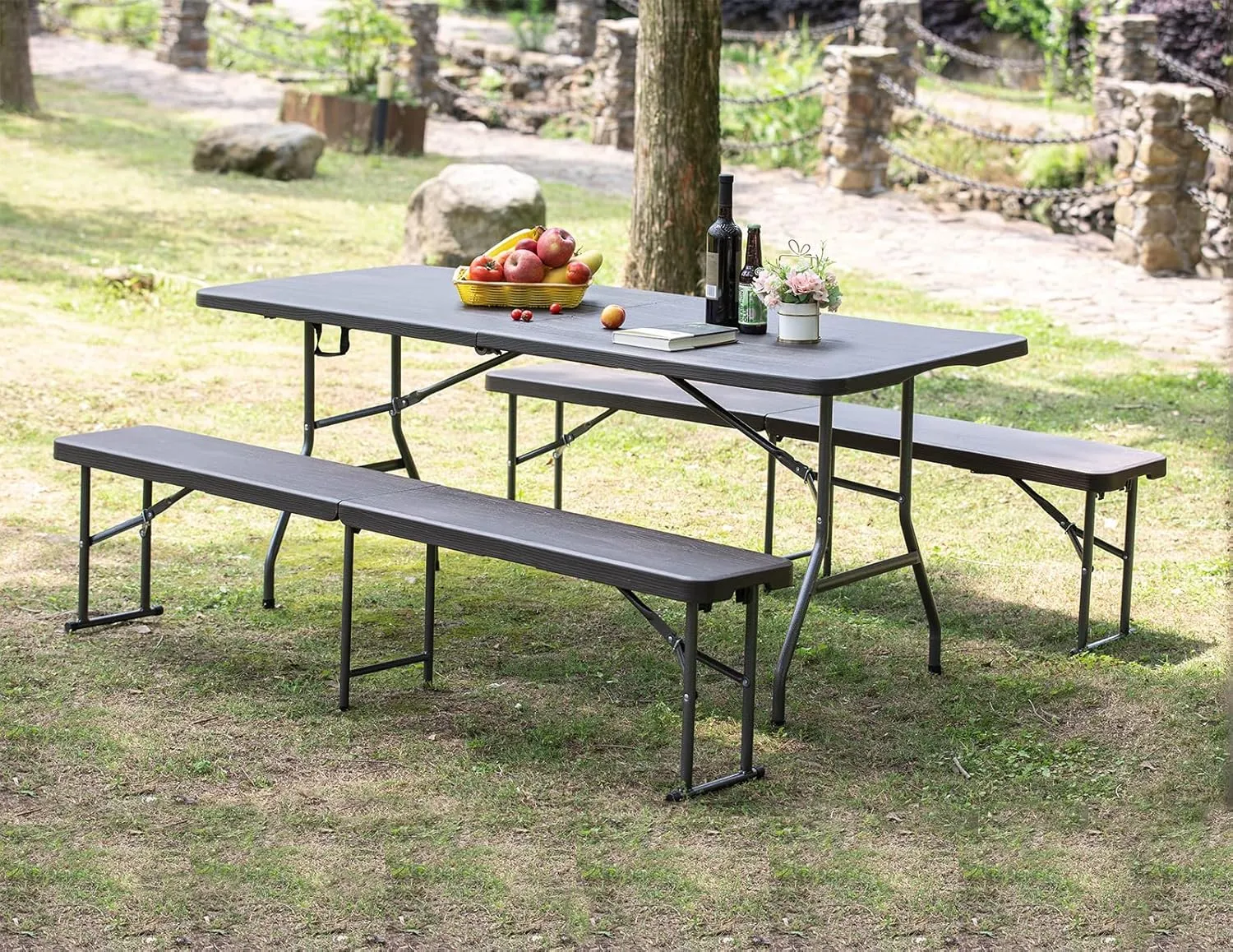 180CZ Folding Table 6 Foot Plastic Folding Table Indoor & Outdoor for Picnic, Camping,BBQ and Party, with Powder Coated Steel Legs and Built in Carry Handle, Brown