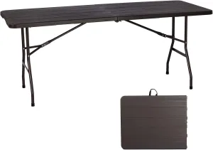 180CZ Folding Table 6 Foot Plastic Folding Table Indoor & Outdoor for Picnic, Camping,BBQ and Party, with Powder Coated Steel Legs and Built in Carry Handle, Brown