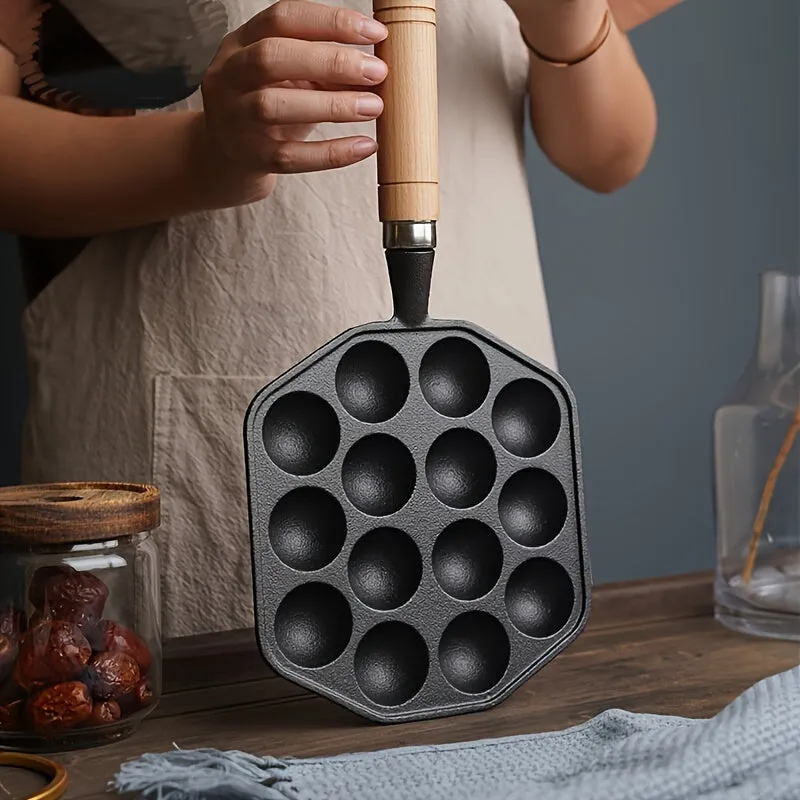 1pc Non-stick Pan, 14-hole Takoyaki Maker With Wooden Handle For Home And Outdoor