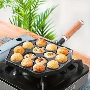 1pc Non-stick Pan, 14-hole Takoyaki Maker With Wooden Handle For Home And Outdoor