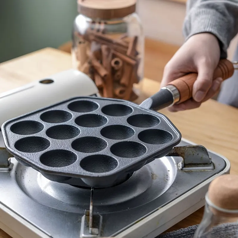 1pc Non-stick Pan, 14-hole Takoyaki Maker With Wooden Handle For Home And Outdoor