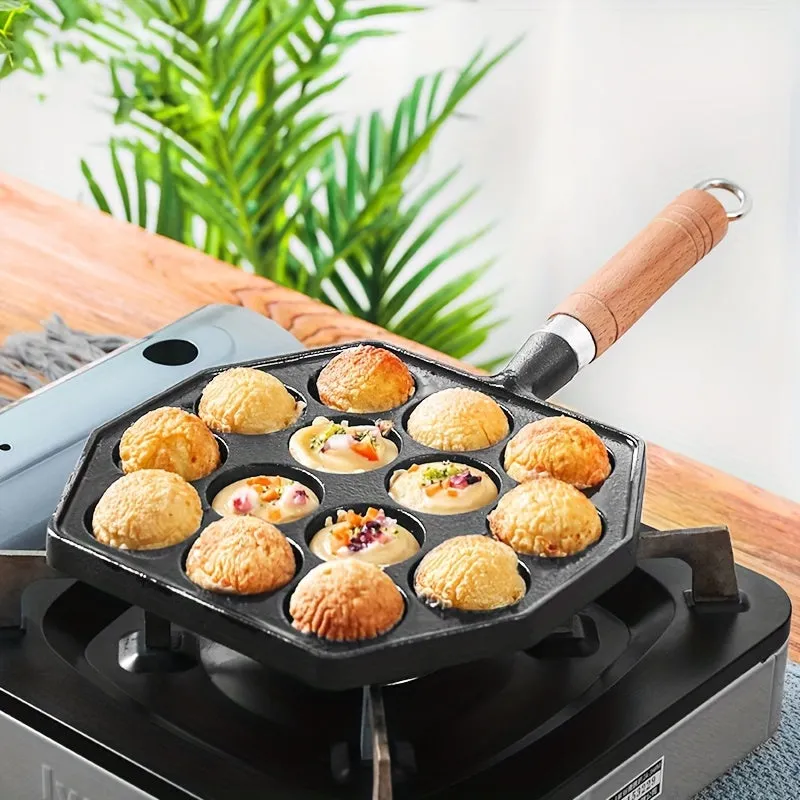 1pc Non-stick Pan, 14-hole Takoyaki Maker With Wooden Handle For Home And Outdoor