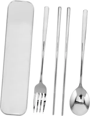 1set Portable Stainless Steel Cutlery Set with Storage Case Includes Fork Spoon and Chopsticks Reusable Utensils for Outdoor Camping Travel and Everyday Use Stainless Steel Dining