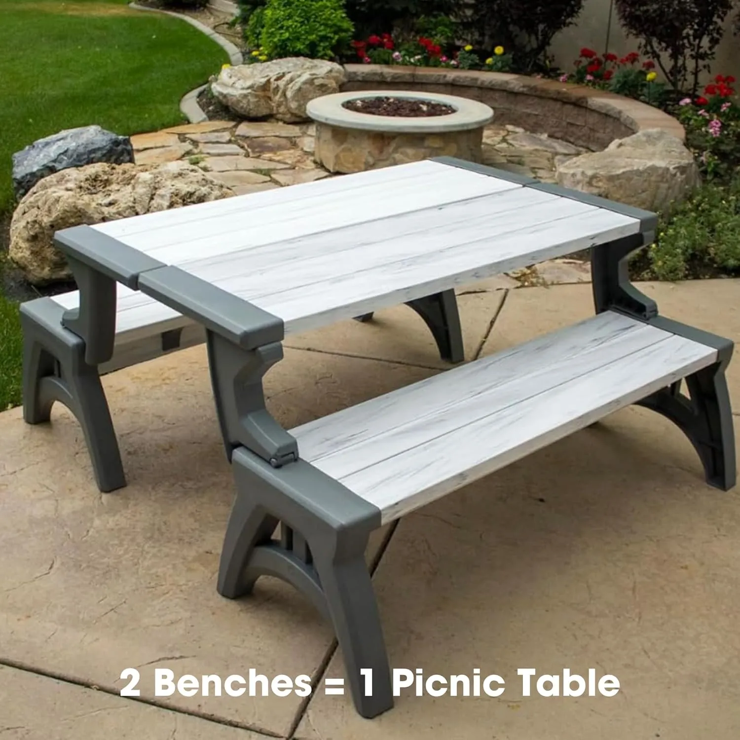 2-in-1 Outdoor Bench & Picnic Table - Foldable, Weather-Resistant Seating - Perfect for Patio, Lawn, Garden, or Deck - Durable Construction, Easy Assembly - Platinum White Birch