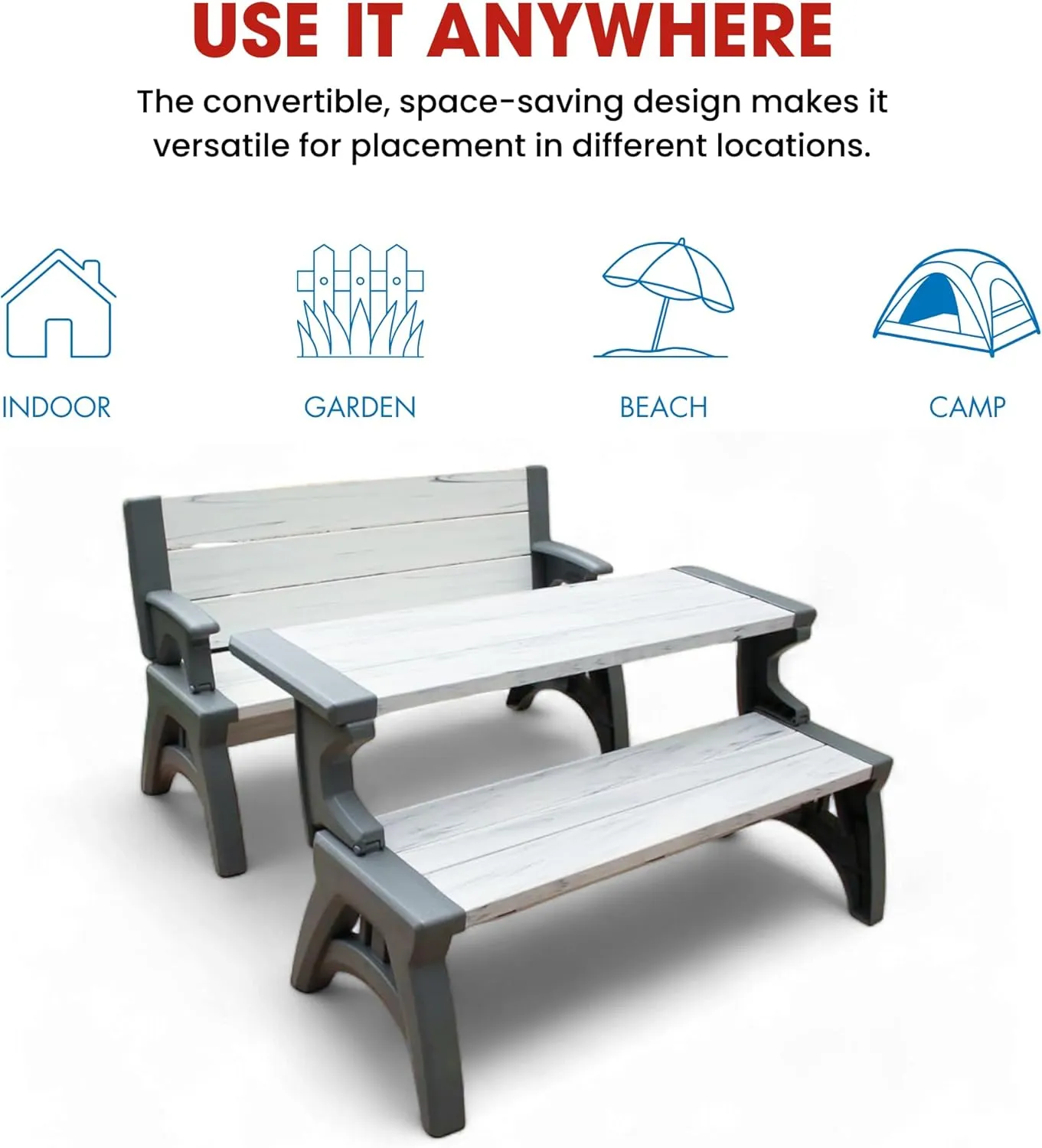 2-in-1 Outdoor Bench & Picnic Table - Foldable, Weather-Resistant Seating - Perfect for Patio, Lawn, Garden, or Deck - Durable Construction, Easy Assembly - Platinum White Birch