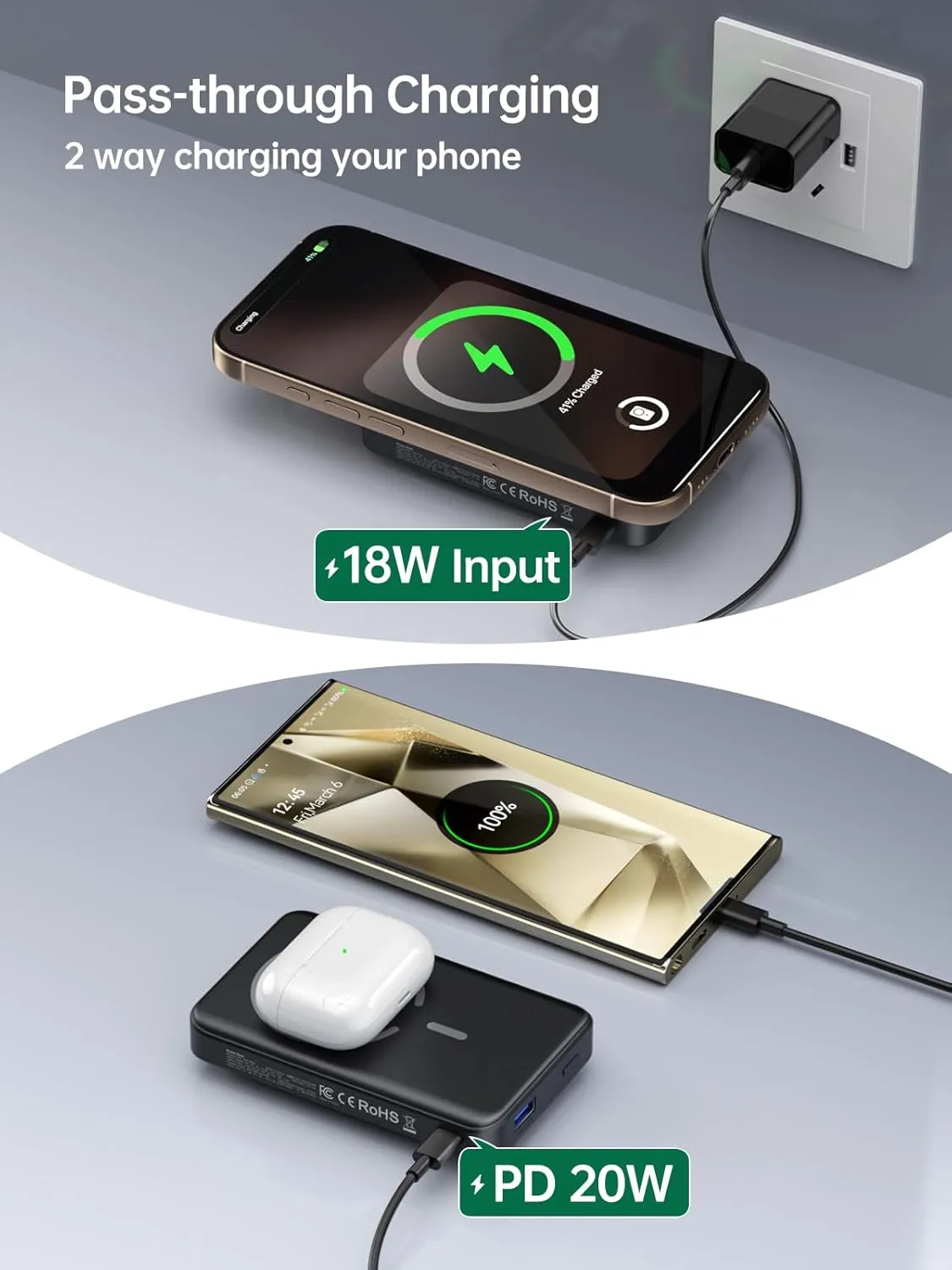 2 in 1 Wireless Portable Charger for Apple Watch and iPhone, 12000mAh Magnetic Power Bank 20W USB C Fast Charging Mag-Safe Battery Pack for iPhone 16 15 14 13 12 Series Travel iWatch Charger