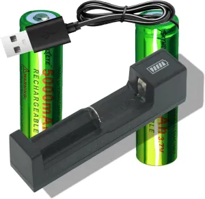 2 Pack 18650 5000mAh Rechargeable Battery 5000mAh Wiith 18650 Battery Charger, Universal Charger Single Slot for 3.7V Rechargeable Batteries 21700 14500 10440