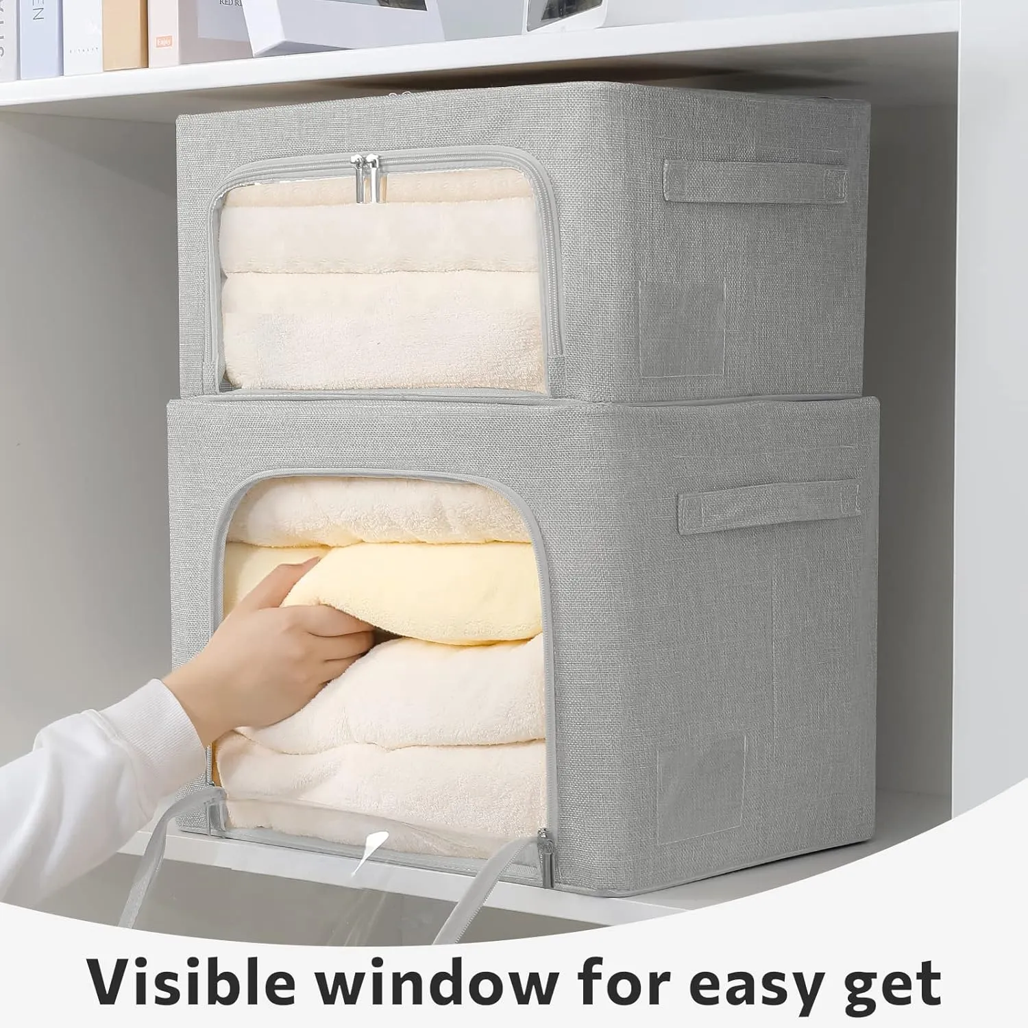 2 Pack Clothes Storage Bins Stackable Metal Frame Storage Box Large Capacity Foldable Linen Fabric Box Organizer with Carrying Handles and Clear Window (Light Gray, 19.7x 15.7x 12.6 Inch)