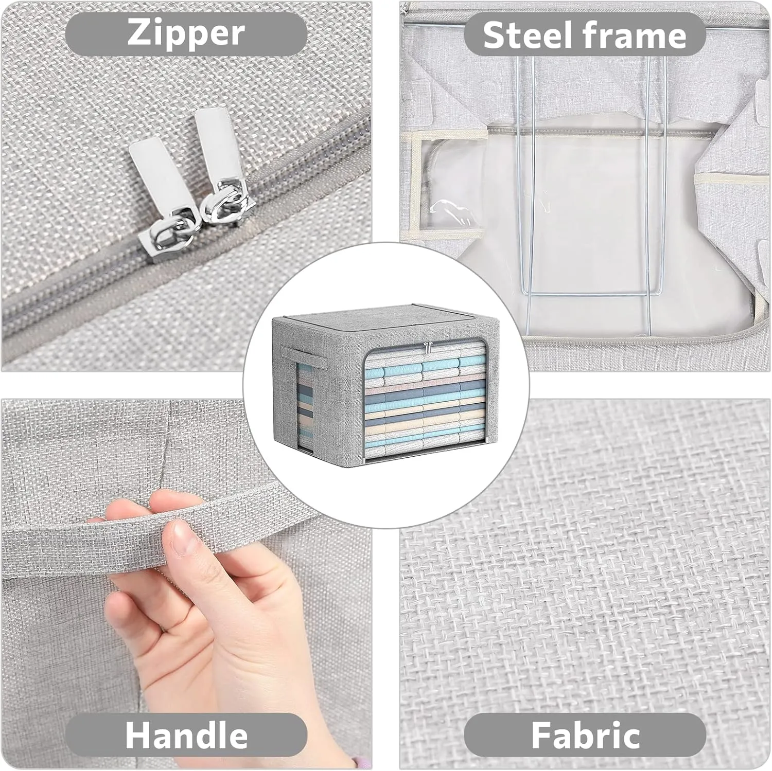 2 Pack Clothes Storage Bins Stackable Metal Frame Storage Box Large Capacity Foldable Linen Fabric Box Organizer with Carrying Handles and Clear Window (Light Gray, 19.7x 15.7x 12.6 Inch)