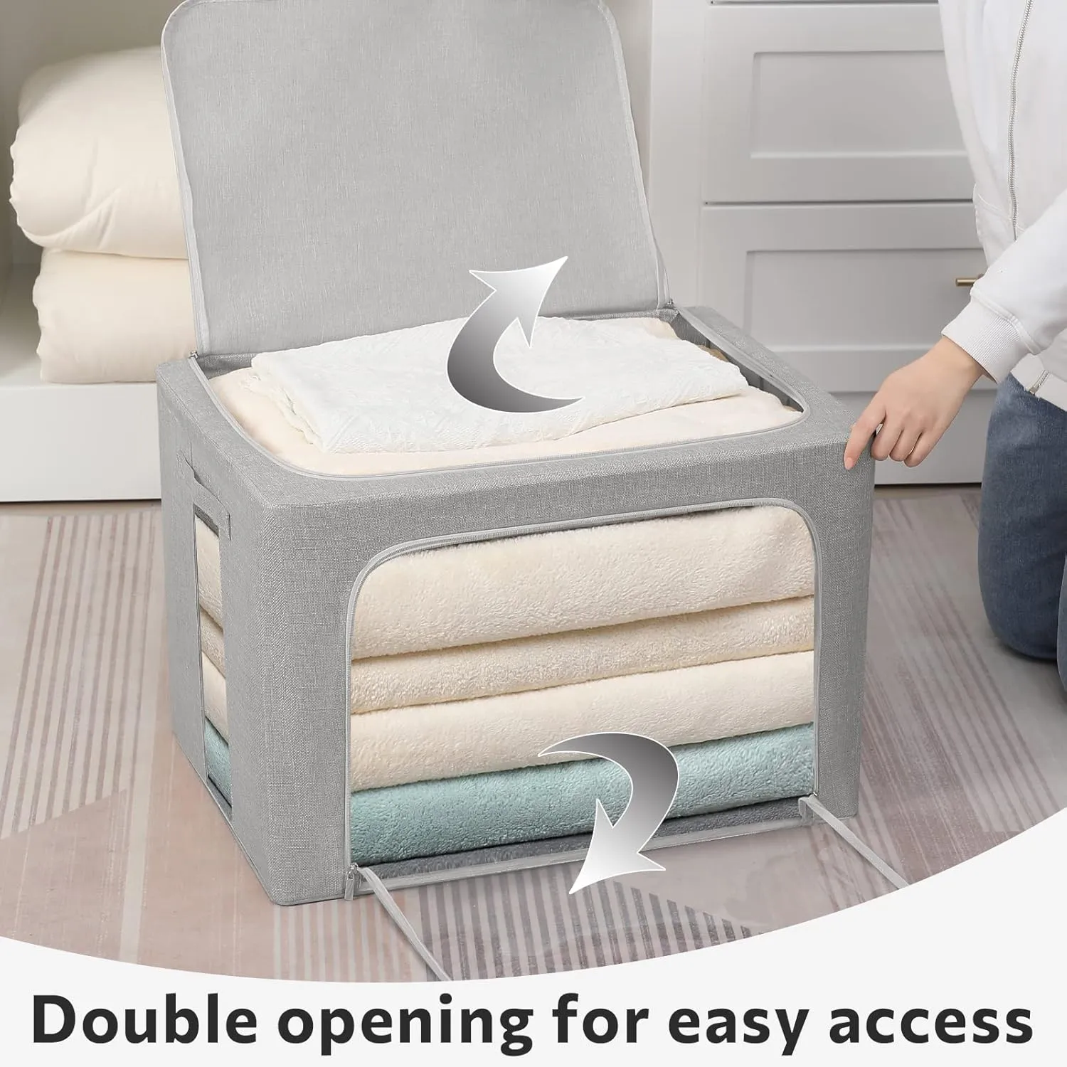 2 Pack Clothes Storage Bins Stackable Metal Frame Storage Box Large Capacity Foldable Linen Fabric Box Organizer with Carrying Handles and Clear Window (Light Gray, 19.7x 15.7x 12.6 Inch)