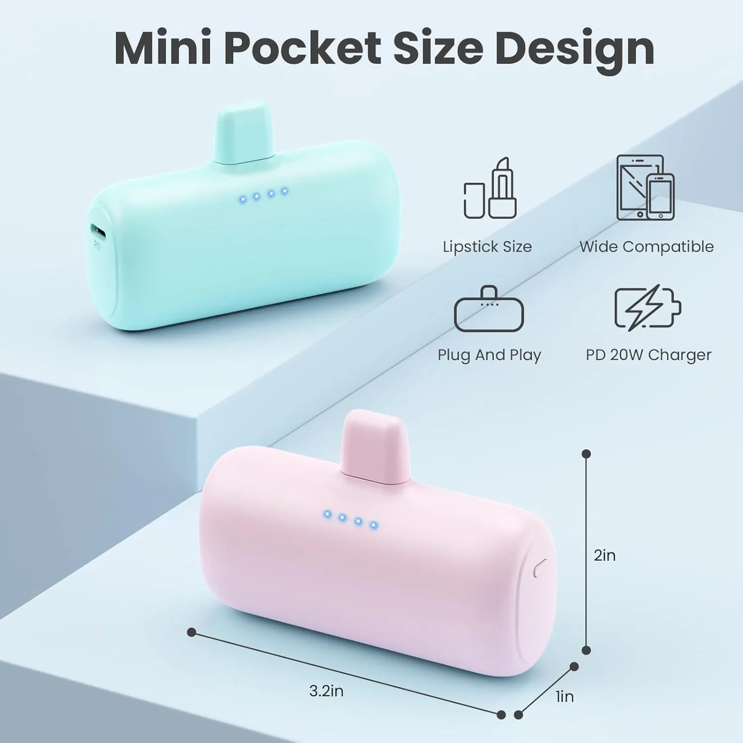 [2-Pack] Mini Portable Charger for iPhone,5200mAh Ultra Compact PD Fast Charging Power Bank,Plug-in Battery Pack Travel Cordless Phone Charger,Compatible with iPhone 14/14Pro/13/12/11/X/8/7/6plus etc
