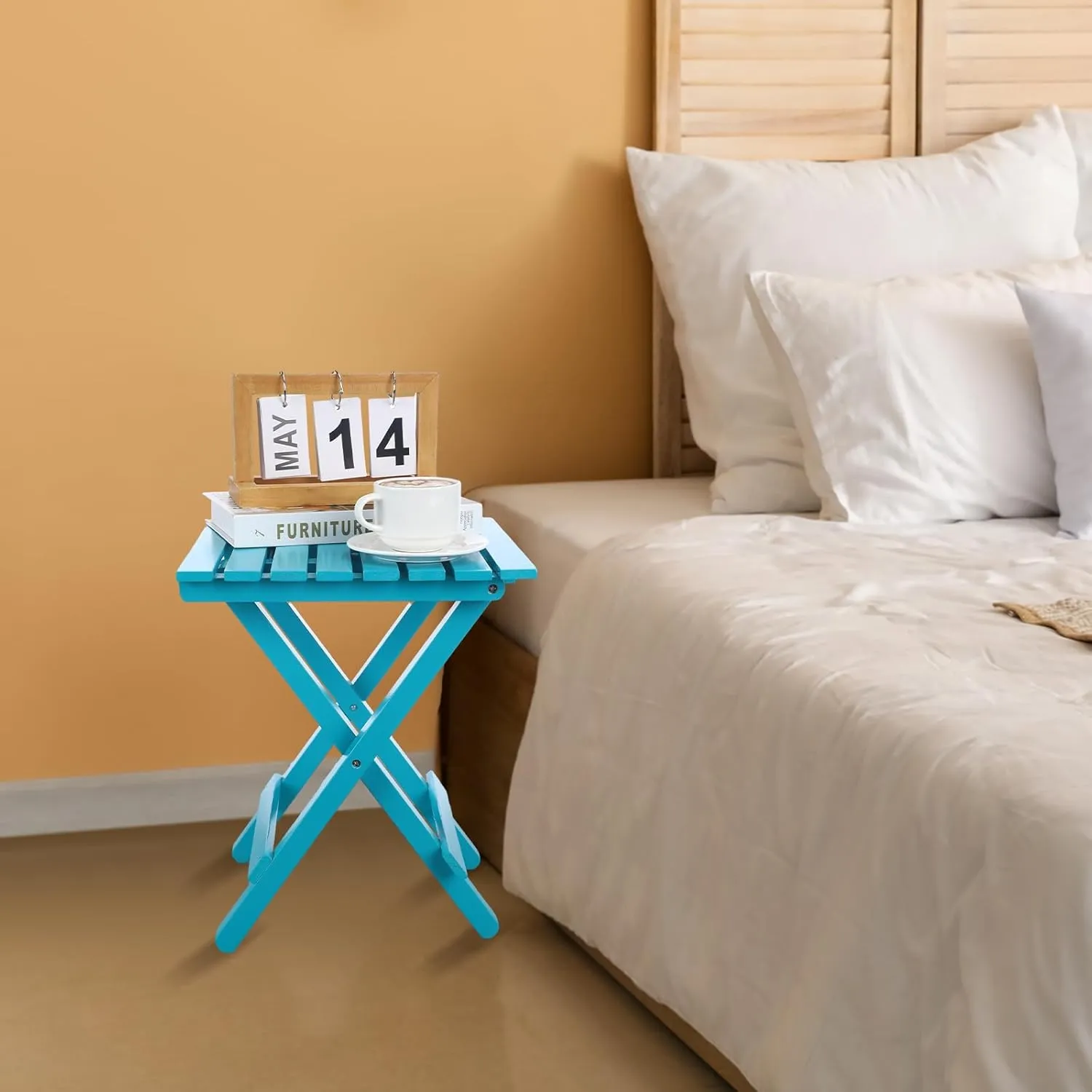 2 Pcs Small Folding Patio Side Table Outdoor Wood Wooden Small End Portable Plant Little Table for Garden Yard Porch Living Room Space Pool 11.4x11x14 inch (Turquoise)