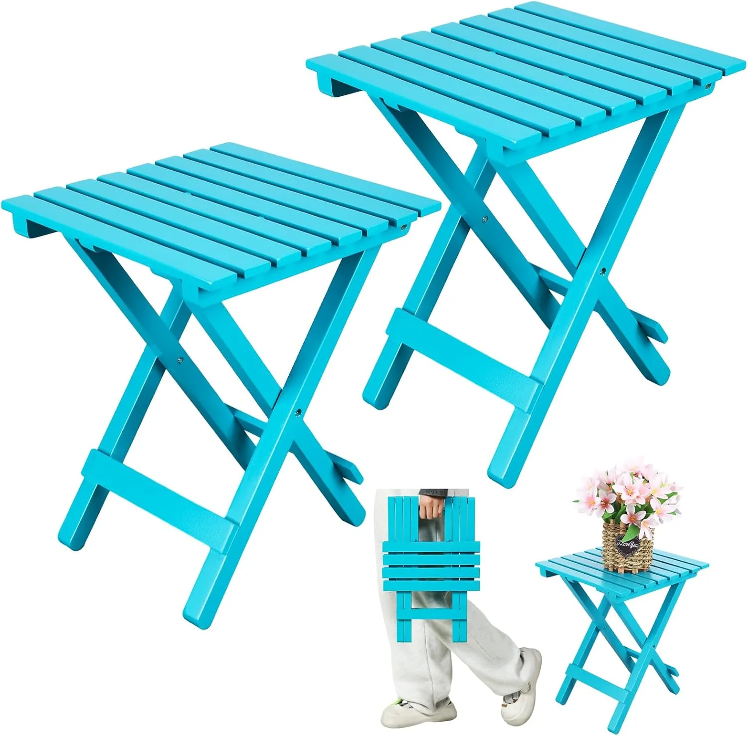 2 Pcs Small Folding Patio Side Table Outdoor Wood Wooden Small End Portable Plant Little Table for Garden Yard Porch Living Room Space Pool 11.4x11x14 inch (Turquoise)