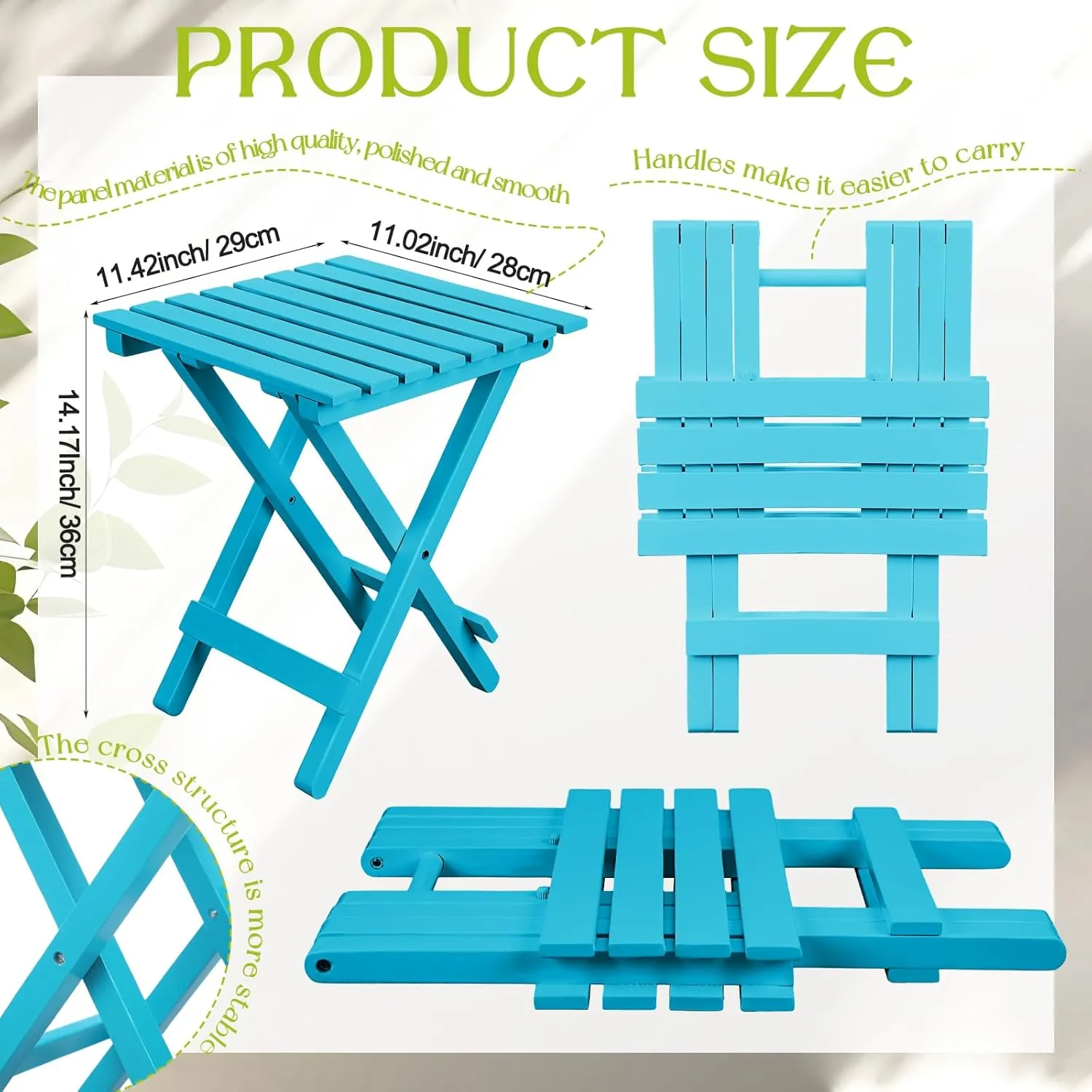 2 Pcs Small Folding Patio Side Table Outdoor Wood Wooden Small End Portable Plant Little Table for Garden Yard Porch Living Room Space Pool 11.4x11x14 inch (Turquoise)