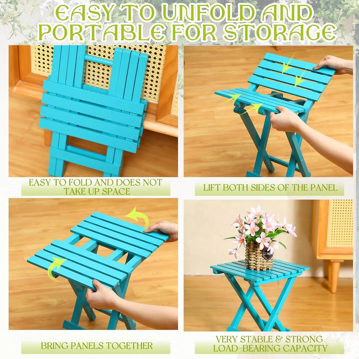 2 Pcs Small Folding Patio Side Table Outdoor Wood Wooden Small End Portable Plant Little Table for Garden Yard Porch Living Room Space Pool 11.4x11x14 inch (Turquoise)