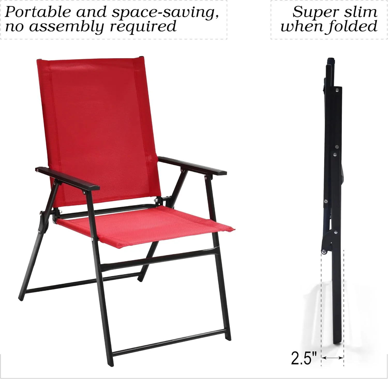 2 Piece Red Folding Patio Dining Chairs with High Back and Armrests Lightweight Sling Chair