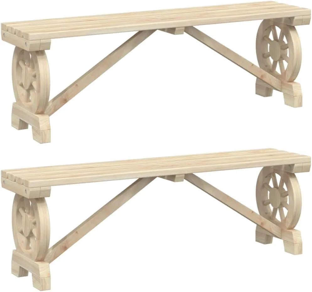 2-Piece Solid Wood Fir Patio Benches Set, Outdoor Furniture for Garden Patio Terrace, Wagon Wheel Design Wooden Chairs, Sturdy Frame, 45.3" x 11" x 15.6", Natural Finish