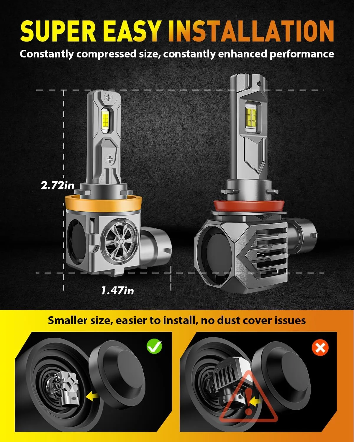 2025 Upgraded H11/H9 LED Bulbs, 40,000LM 10X Super Brightness, 6500K White, 1:1 Halogen Mini Size H11/H8/H16 Fog Light Bulb, Plug and Play, Pack of 2