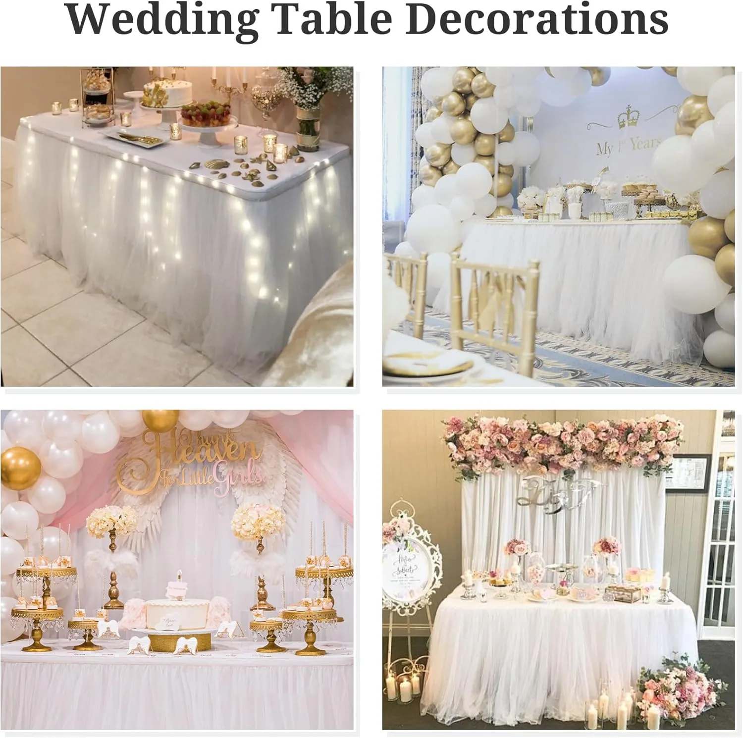 204inch Extra-Long White Table Skirt with Table Clips & Magic Tape - Fits 6ft Rectangle Tables, Wrinkle-Free Tulle Fabric for Wedding/Birthday/Party Decor(No Top Cover)