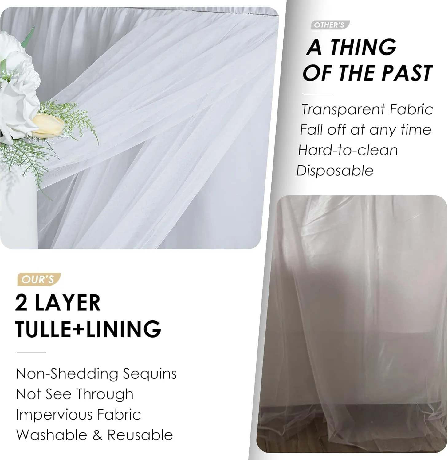 204inch Extra-Long White Table Skirt with Table Clips & Magic Tape - Fits 6ft Rectangle Tables, Wrinkle-Free Tulle Fabric for Wedding/Birthday/Party Decor(No Top Cover)