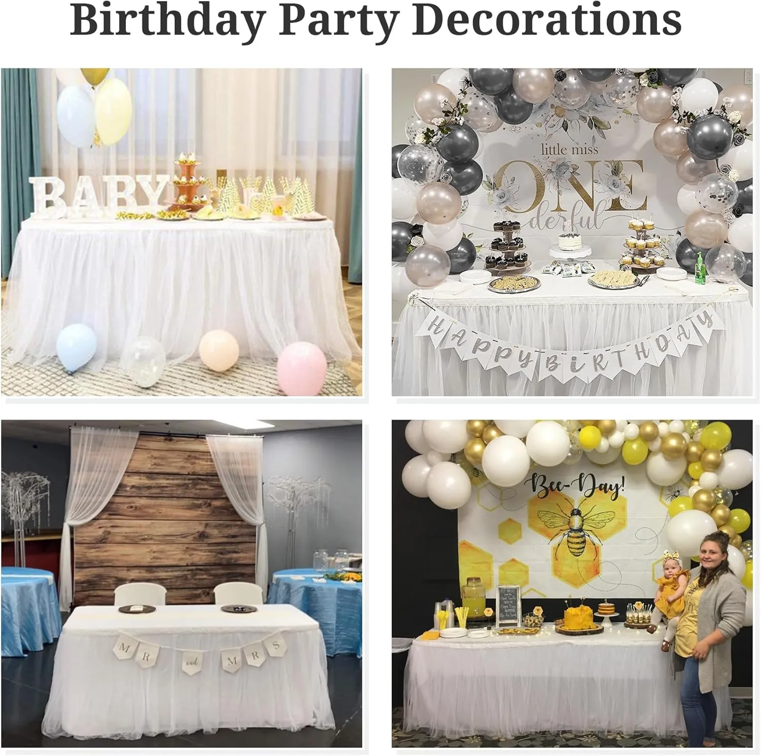 204inch Extra-Long White Table Skirt with Table Clips & Magic Tape - Fits 6ft Rectangle Tables, Wrinkle-Free Tulle Fabric for Wedding/Birthday/Party Decor(No Top Cover)