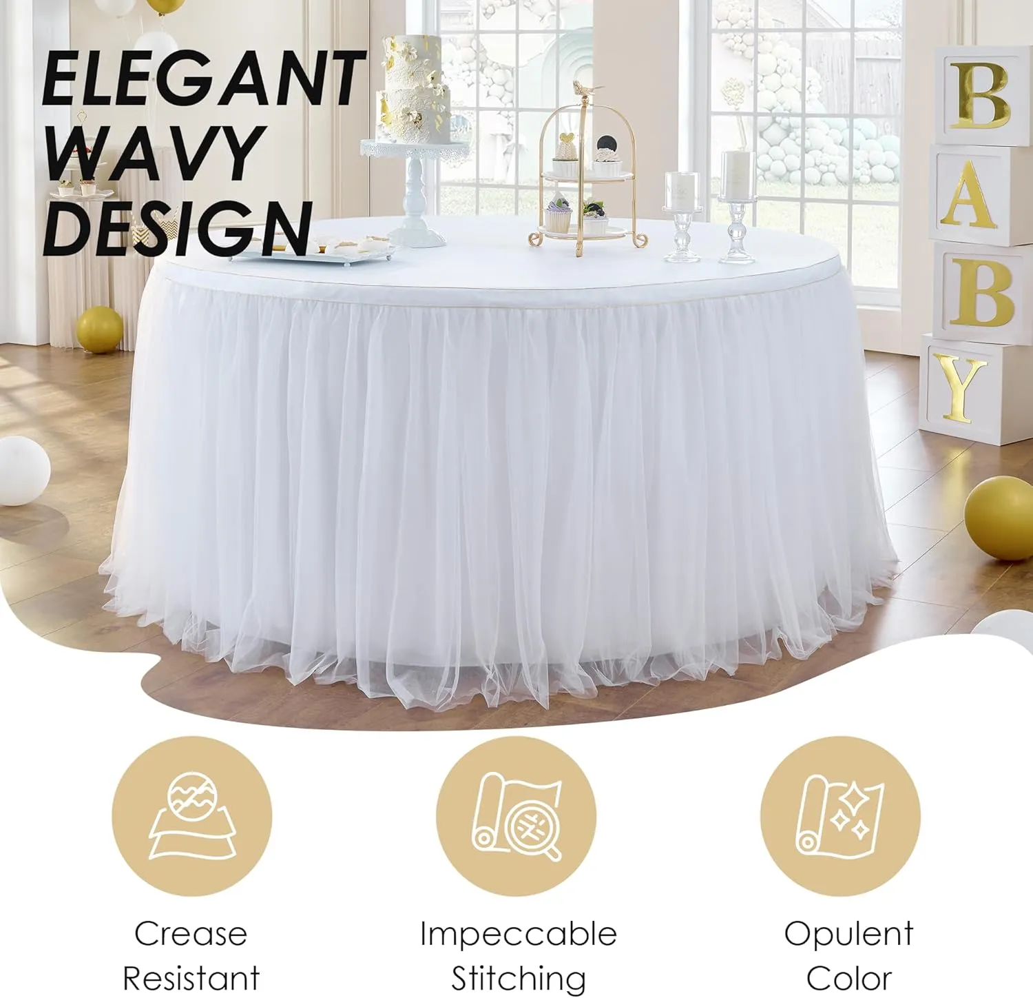 204inch Extra-Long White Table Skirt with Table Clips & Magic Tape - Fits 6ft Rectangle Tables, Wrinkle-Free Tulle Fabric for Wedding/Birthday/Party Decor(No Top Cover)