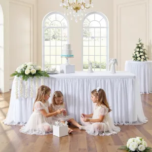 204inch Extra-Long White Table Skirt with Table Clips & Magic Tape - Fits 6ft Rectangle Tables, Wrinkle-Free Tulle Fabric for Wedding/Birthday/Party Decor(No Top Cover)