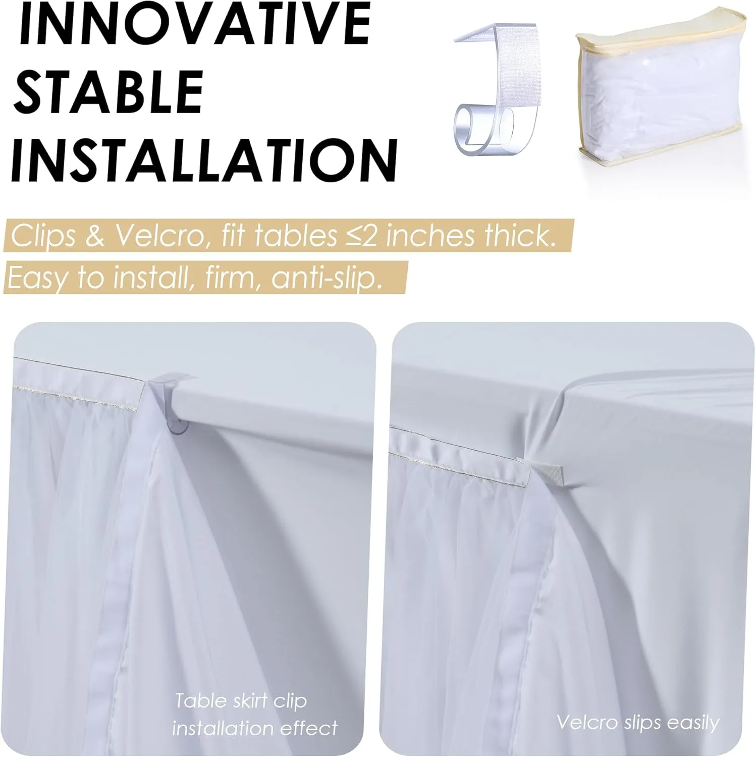 204inch Extra-Long White Table Skirt with Table Clips & Magic Tape - Fits 6ft Rectangle Tables, Wrinkle-Free Tulle Fabric for Wedding/Birthday/Party Decor(No Top Cover)