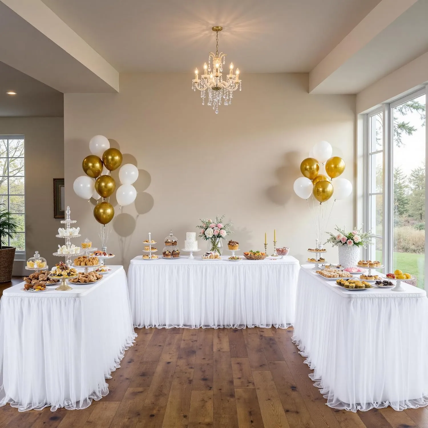 204inch Extra-Long White Table Skirt with Table Clips & Magic Tape - Fits 6ft Rectangle Tables, Wrinkle-Free Tulle Fabric for Wedding/Birthday/Party Decor(No Top Cover)