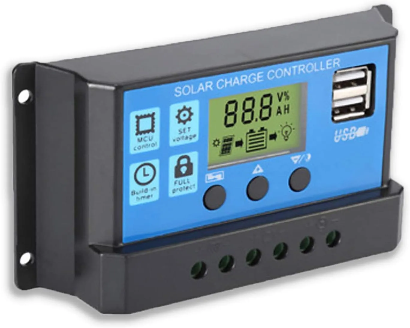 20A Solar Charge Controller, Solar Panel Charge Controller Intelligent Regulator with Dual USB Port 12V/24V,PWM Auto Paremeter Adjustable LCD Display Blue