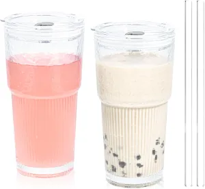 20oz Drinking Glass Set of 2 with Straw Lid Vertical Stripes Ribbed Iced Coffee Mugs Vintage Glass Cup for Tea Juice Soda Smoothie(Ribbed B*2 with Lid)