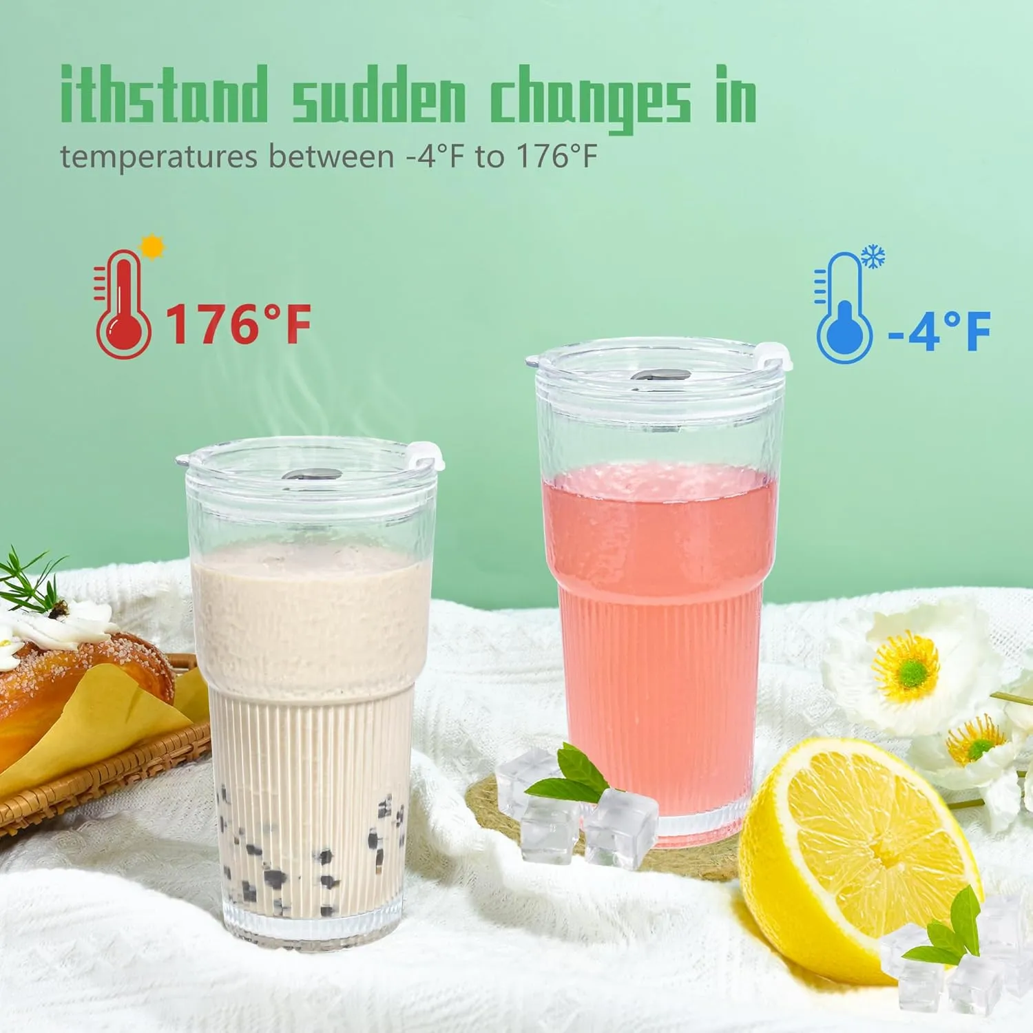 20oz Drinking Glass Set of 2 with Straw Lid Vertical Stripes Ribbed Iced Coffee Mugs Vintage Glass Cup for Tea Juice Soda Smoothie(Ribbed B*2 with Lid)