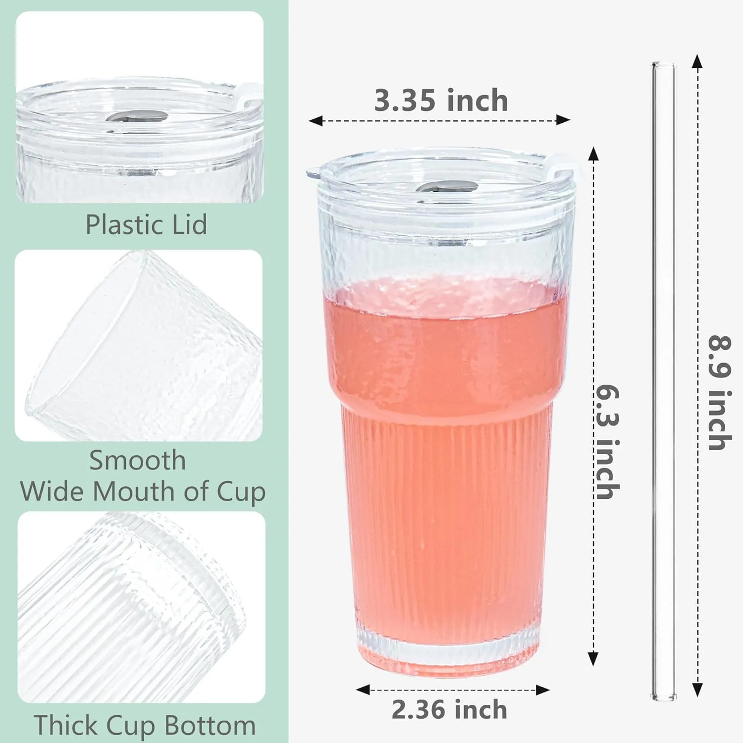 20oz Drinking Glass Set of 2 with Straw Lid Vertical Stripes Ribbed Iced Coffee Mugs Vintage Glass Cup for Tea Juice Soda Smoothie(Ribbed B*2 with Lid)