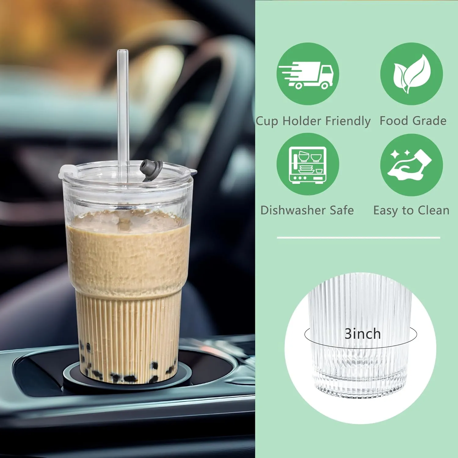 20oz Drinking Glass Set of 2 with Straw Lid Vertical Stripes Ribbed Iced Coffee Mugs Vintage Glass Cup for Tea Juice Soda Smoothie(Ribbed B*2 with Lid)