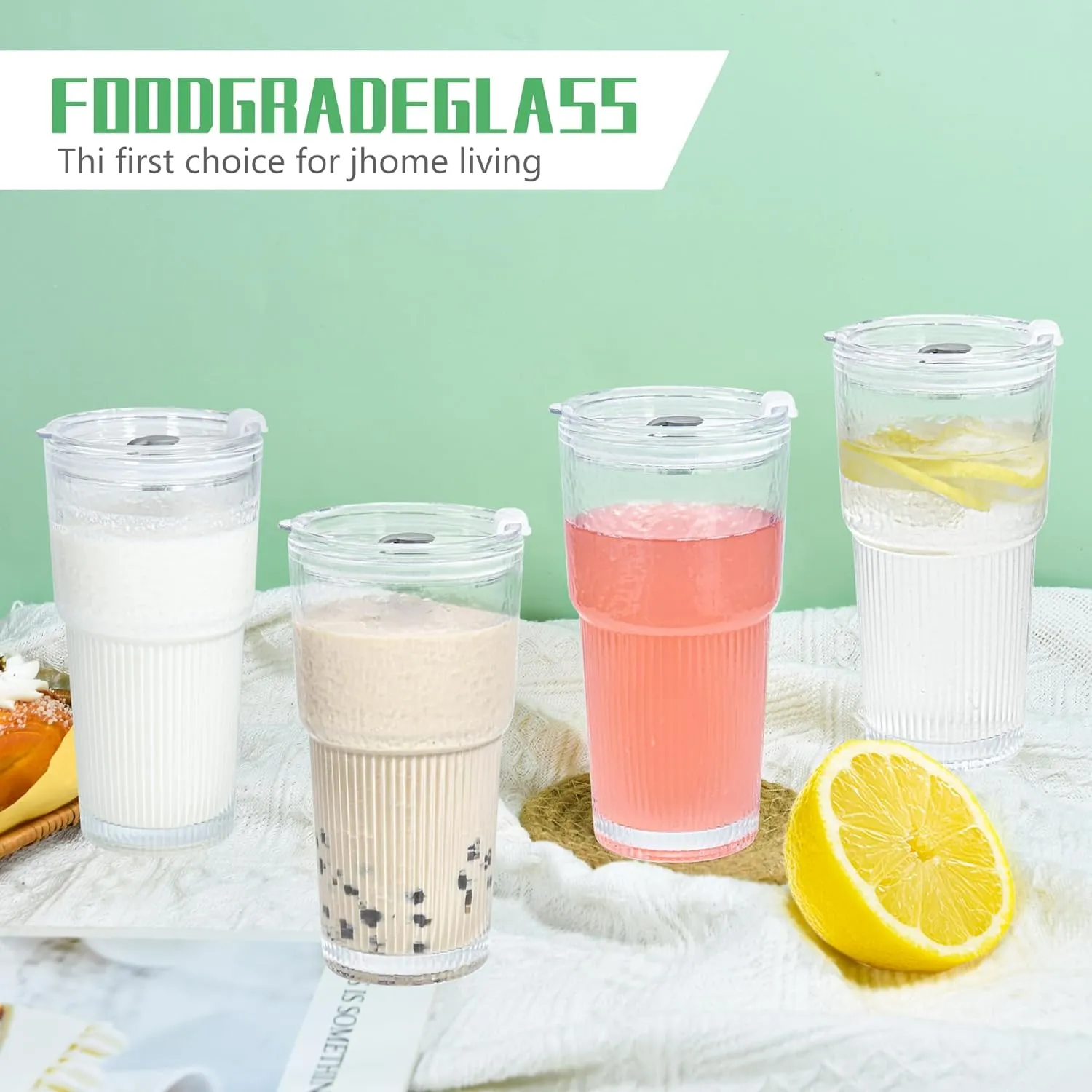 20oz Drinking Glass Set of 2 with Straw Lid Vertical Stripes Ribbed Iced Coffee Mugs Vintage Glass Cup for Tea Juice Soda Smoothie(Ribbed B*2 with Lid)