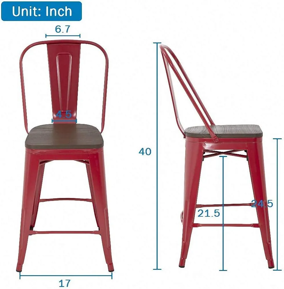 24 Inch Red Metal Bar Stools Indoor-Outdoor Counter Height Stools Wood Seat/Top and High Backrest, Industrial Modern Kitchen Dining Bar Chairs Rustic Mid Century Stackable Stools, Set of 4