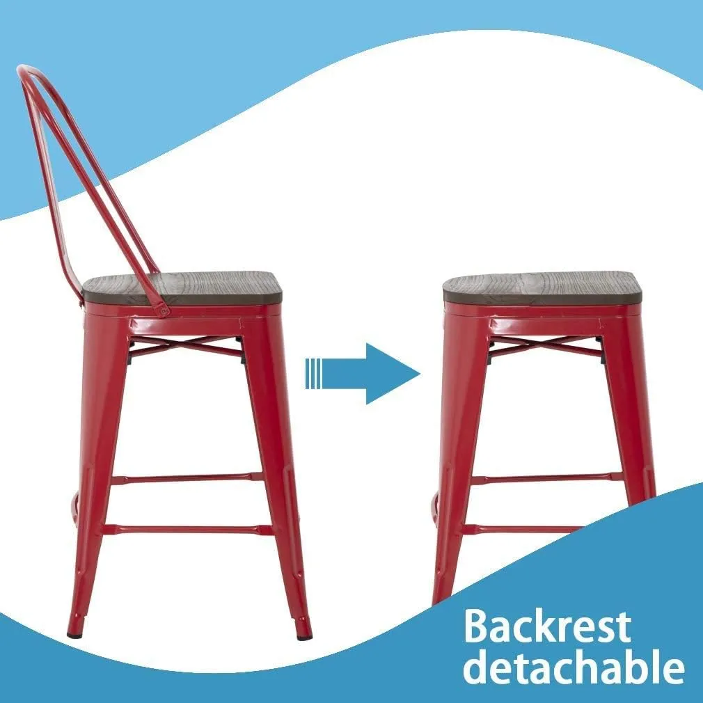 24 Inch Red Metal Bar Stools Indoor-Outdoor Counter Height Stools Wood Seat/Top and High Backrest, Industrial Modern Kitchen Dining Bar Chairs Rustic Mid Century Stackable Stools, Set of 4