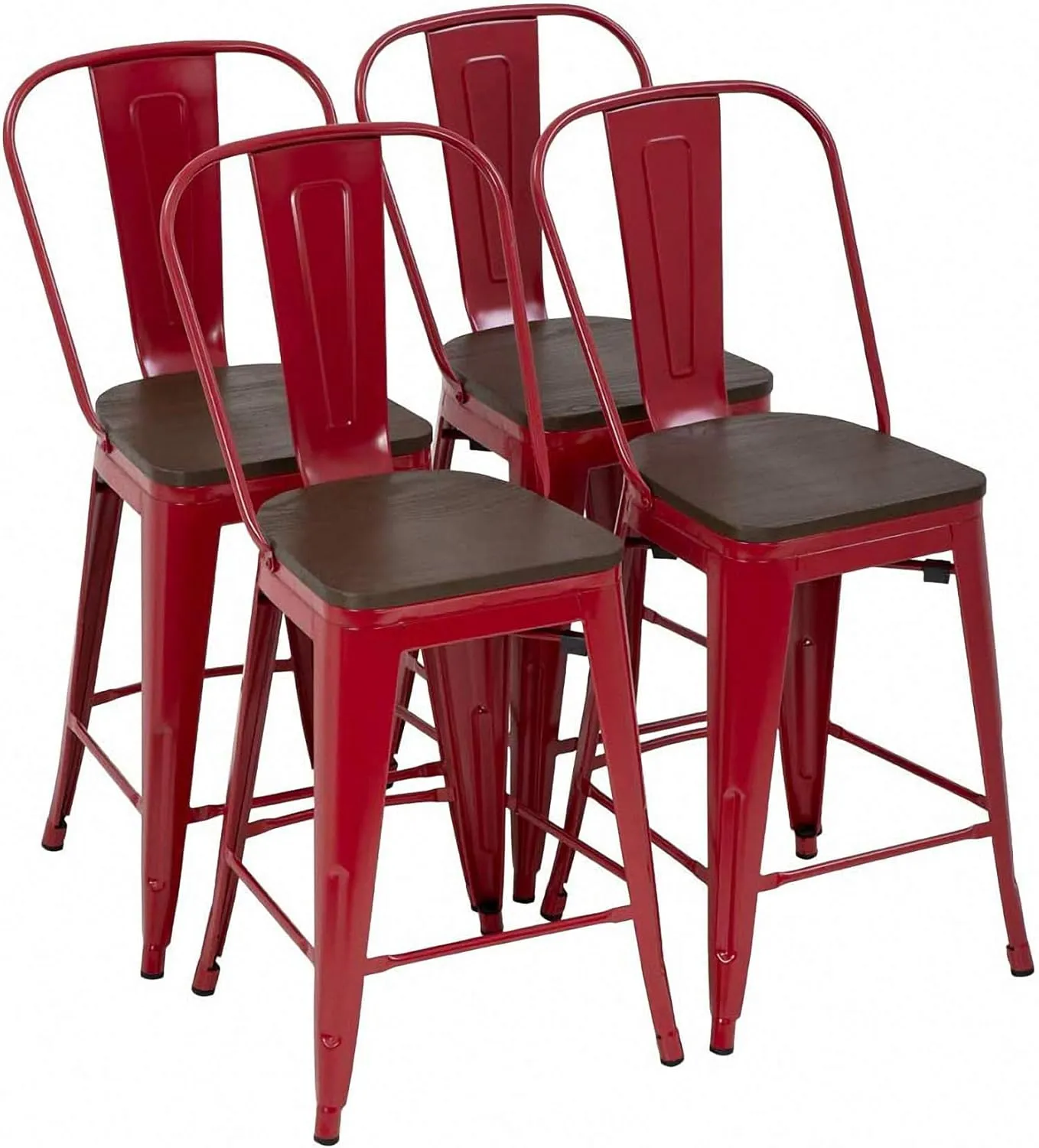 24 Inch Red Metal Bar Stools Indoor-Outdoor Counter Height Stools Wood Seat/Top and High Backrest, Industrial Modern Kitchen Dining Bar Chairs Rustic Mid Century Stackable Stools, Set of 4